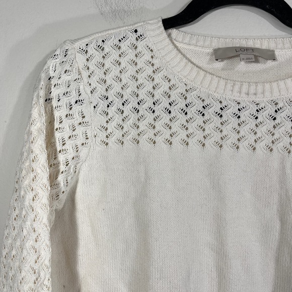 Loft Women's Medium Sweater Ivory Open Knit Sleeves - Picture 6 of 7